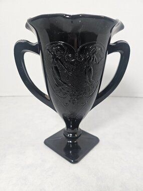 1930s LE Smith # 473 Black Amethyst Glass Trophy Vase Art Deco Dancing Nymphs
